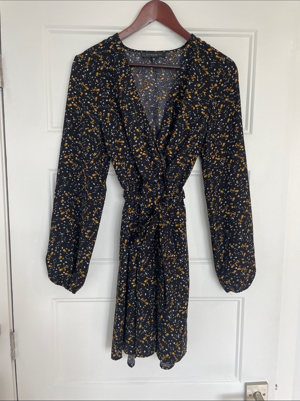 Dynamite Black Wrap Dress with Yellow and White Floral Speckle